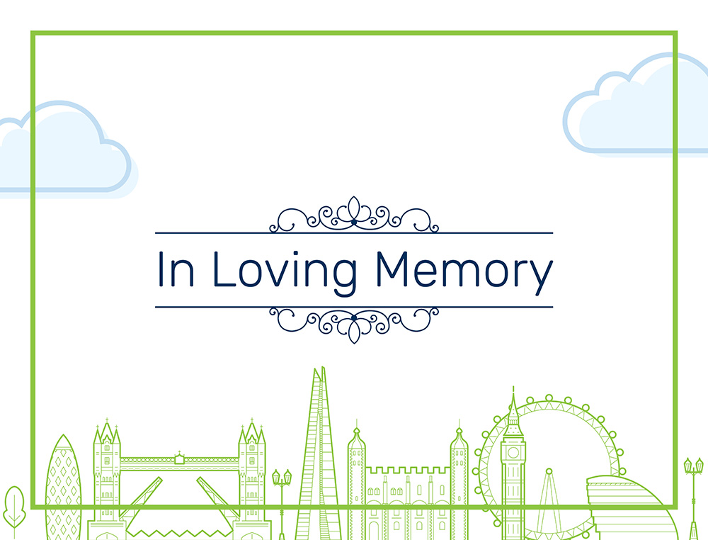 white visual with the words in loving memory with the london skyline along the bottom and clouds
